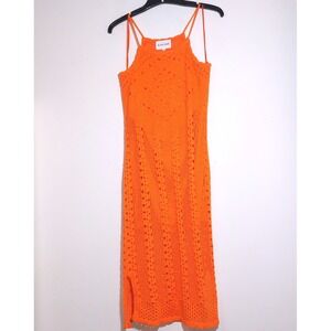 Bright Orange Crochet Midi Dress with Spaghetti Straps
